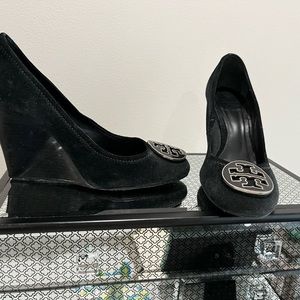 Tory Burch suede platform wedge with hardware on front